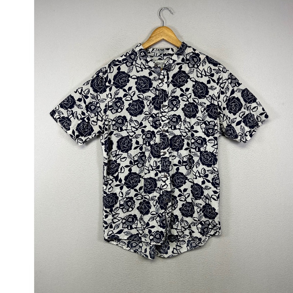 Floral Coastal Heritage Report Collection Women L White Navy Linen Band Shirt